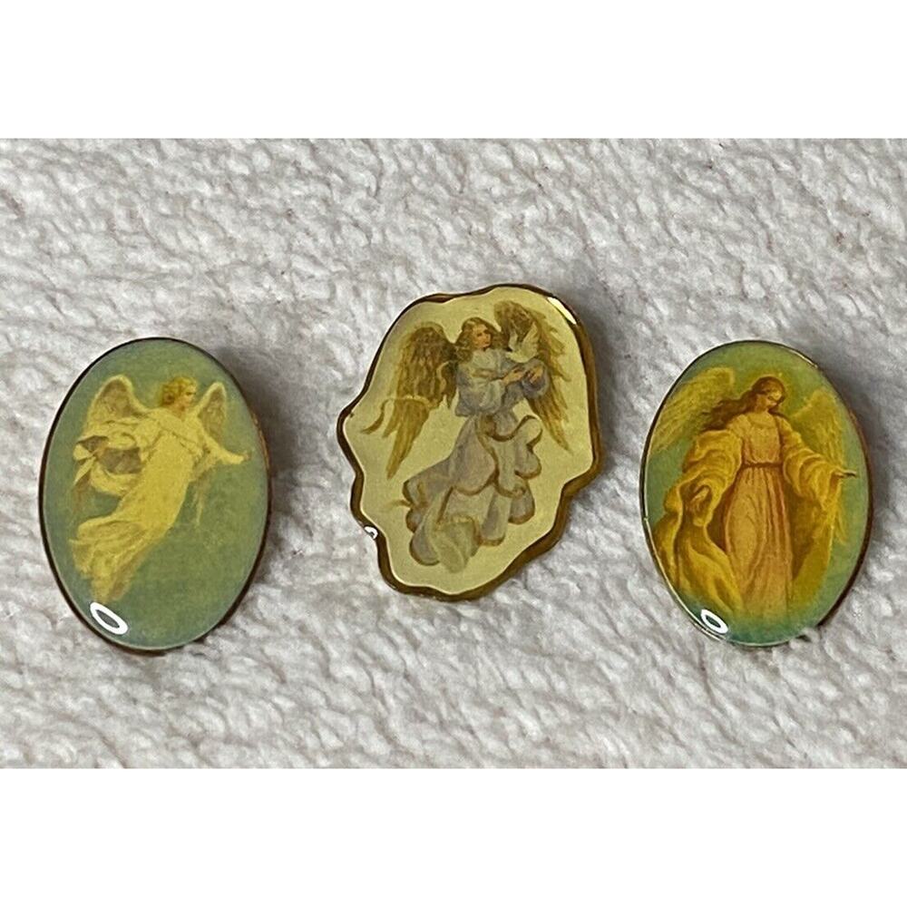 3 Guardian Angel Gregorian Style Gold Tone Vintage Lapel Pin Print Acrylic Setup